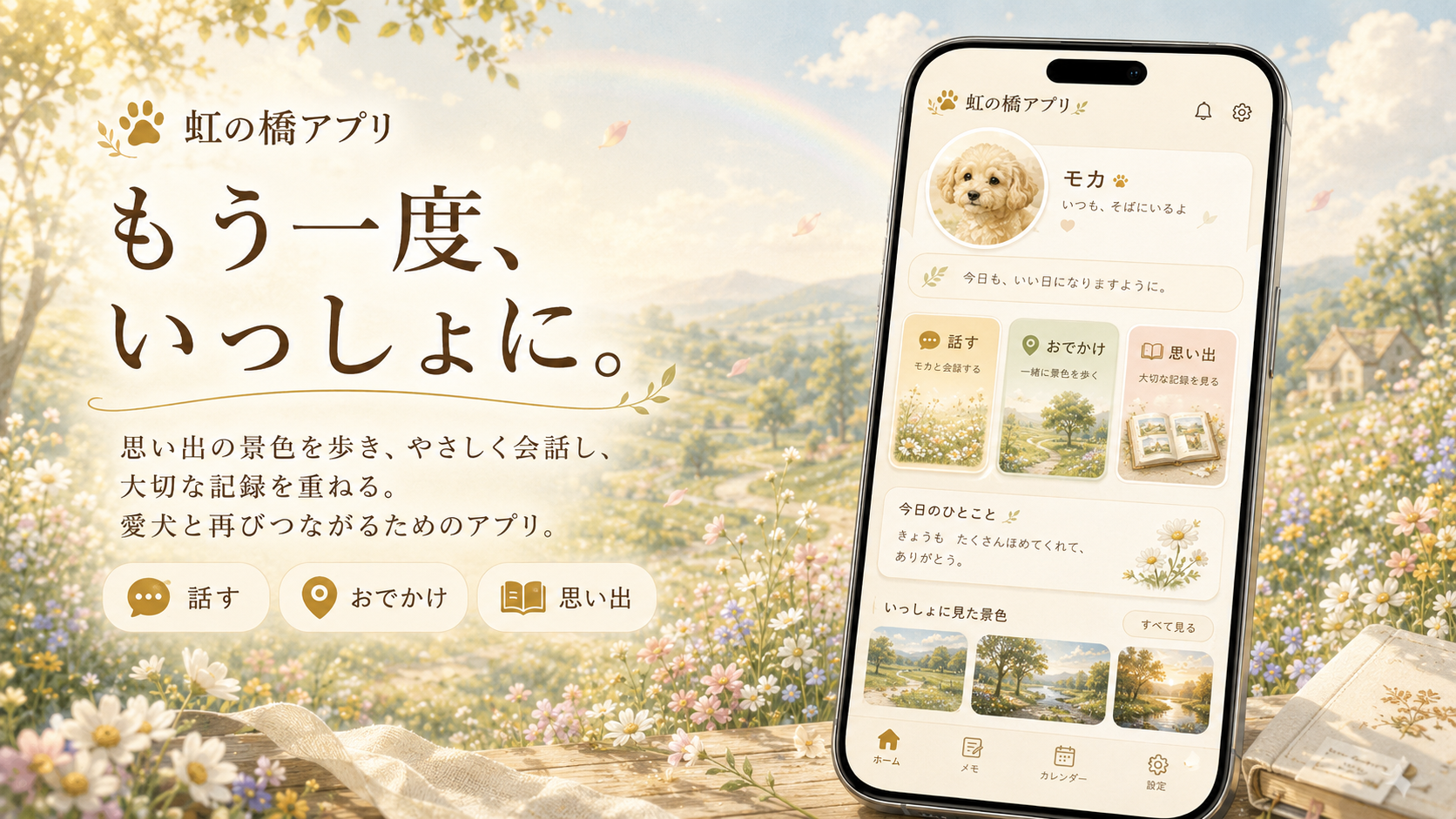 虹の橋アプリのアプリ画面イメージ。花畑を背景にしたスマートフォン画面と「もう一度、いっしょに。」のキャッチコピー